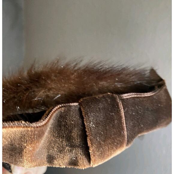 Vtg Mink Fur Brown Velvet Bow Veil Fascinator Hat Open Crown Pill Box 1940s